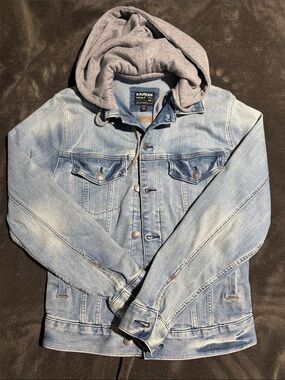 Express Light Blue Denim Jacket with Gray Attached Hood